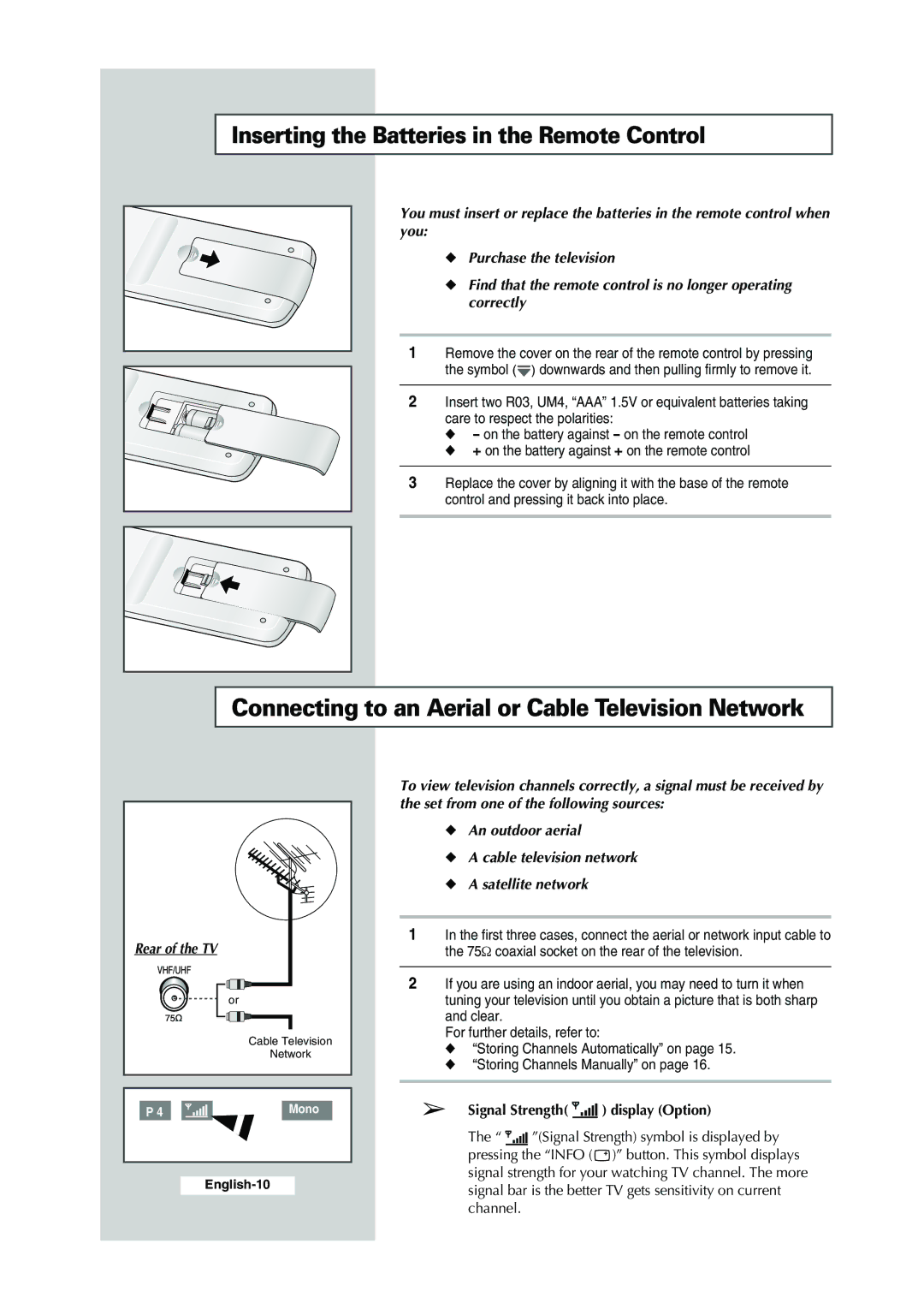 Samsung CS-29K30ML Connecting to an Aerial or Cable Television Network, Inserting the Batteries in the Remote Control 