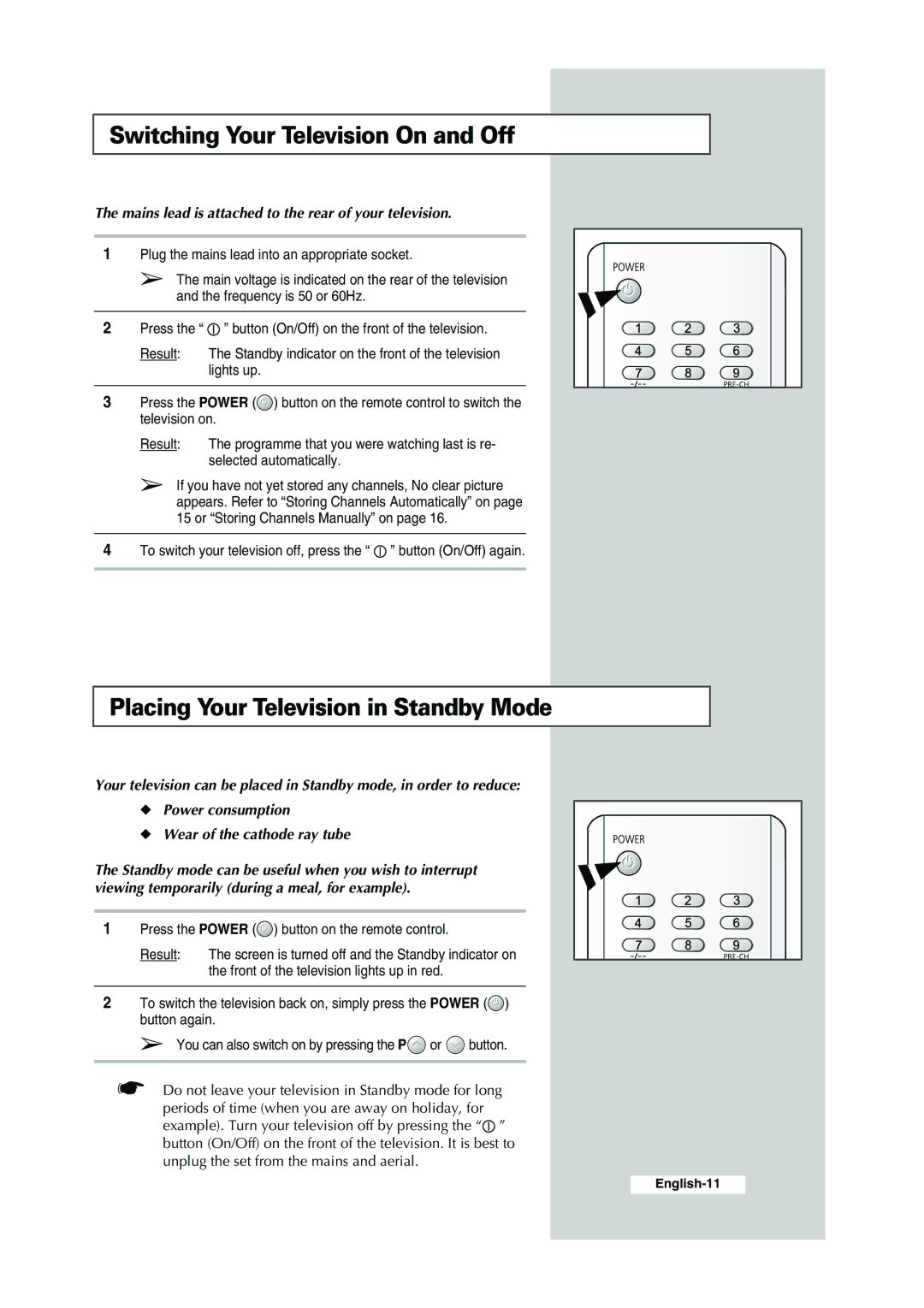 Samsung CS-29K30ML manual Switching Your Television On and Off, Placing Your Television in Standby Mode 