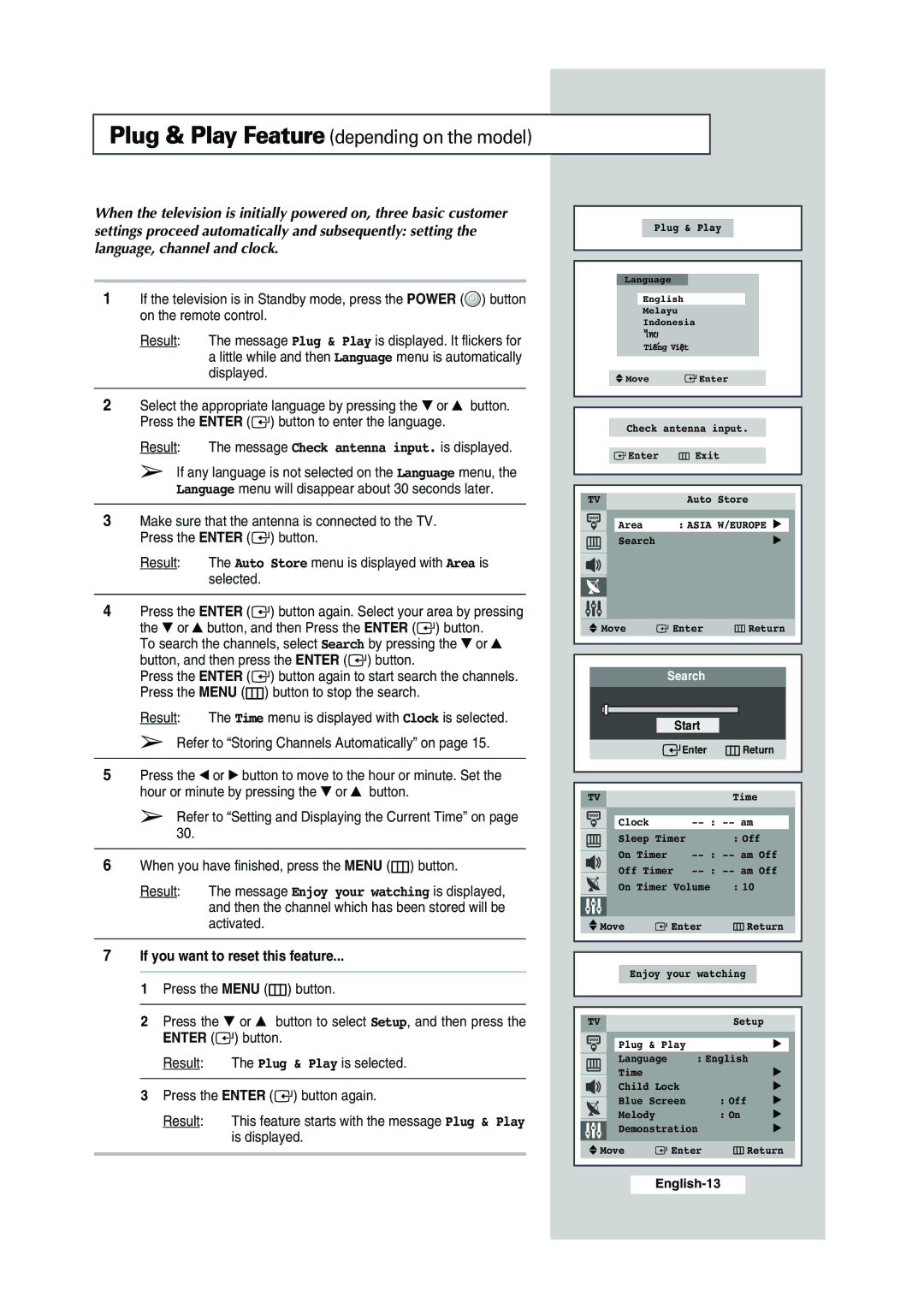 Samsung CS-29K30ML manual Plug & Play Feature depending on the model, Result The message Check antenna input. is displayed 