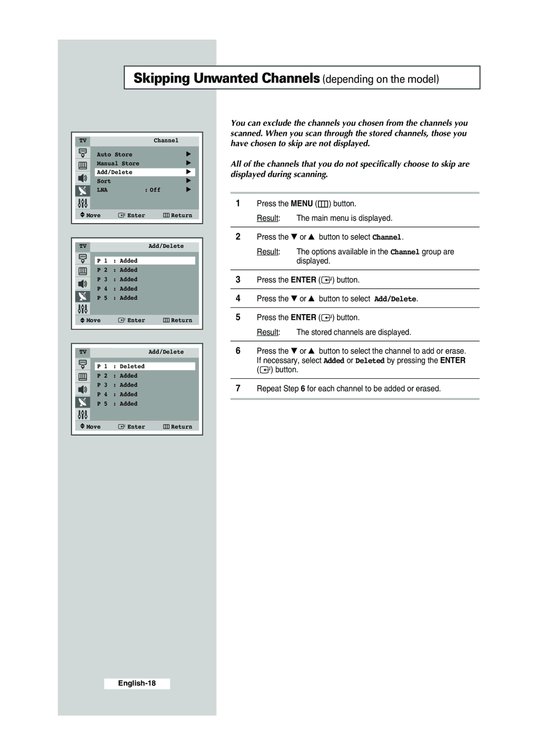 Samsung CS-29K30ML manual Skipping Unwanted Channels depending on the model 