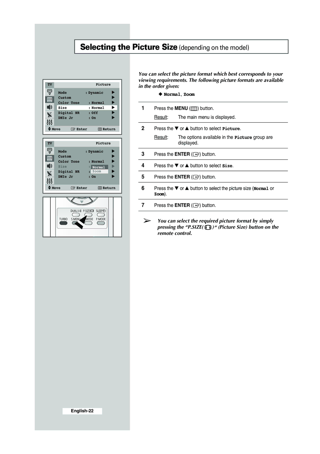 Samsung CS-29K30ML manual Selecting the Picture Size depending on the model, Zoom 