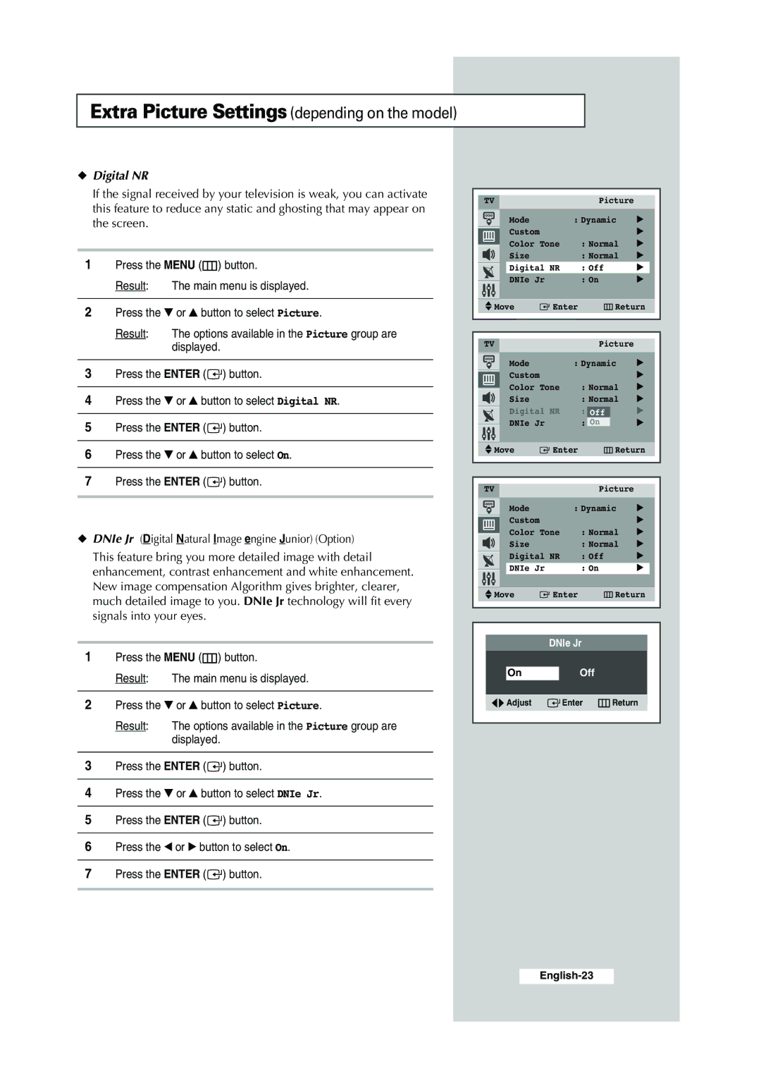 Samsung CS-29K30ML manual Extra Picture Settings depending on the model, Digital NR 