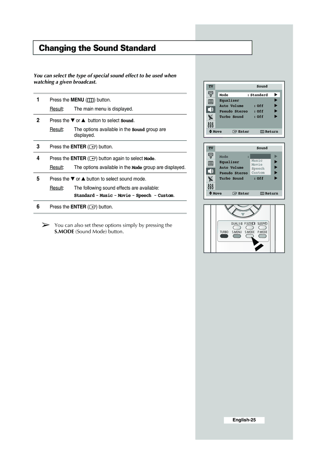 Samsung CS-29K30ML manual Changing the Sound Standard, Standard Music Movie Speech Custom 