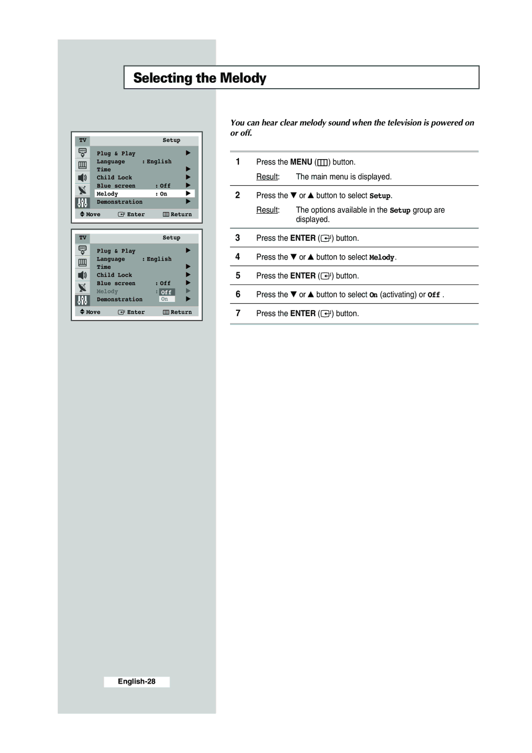 Samsung CS-29K30ML manual Selecting the Melody 