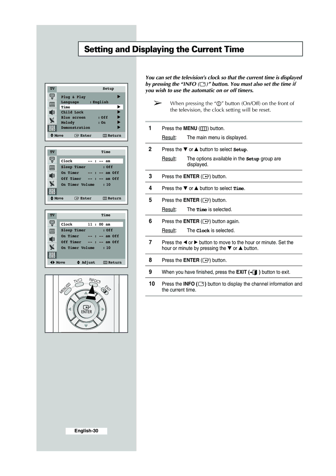 Samsung CS-29K30ML manual Setting and Displaying the Current Time 