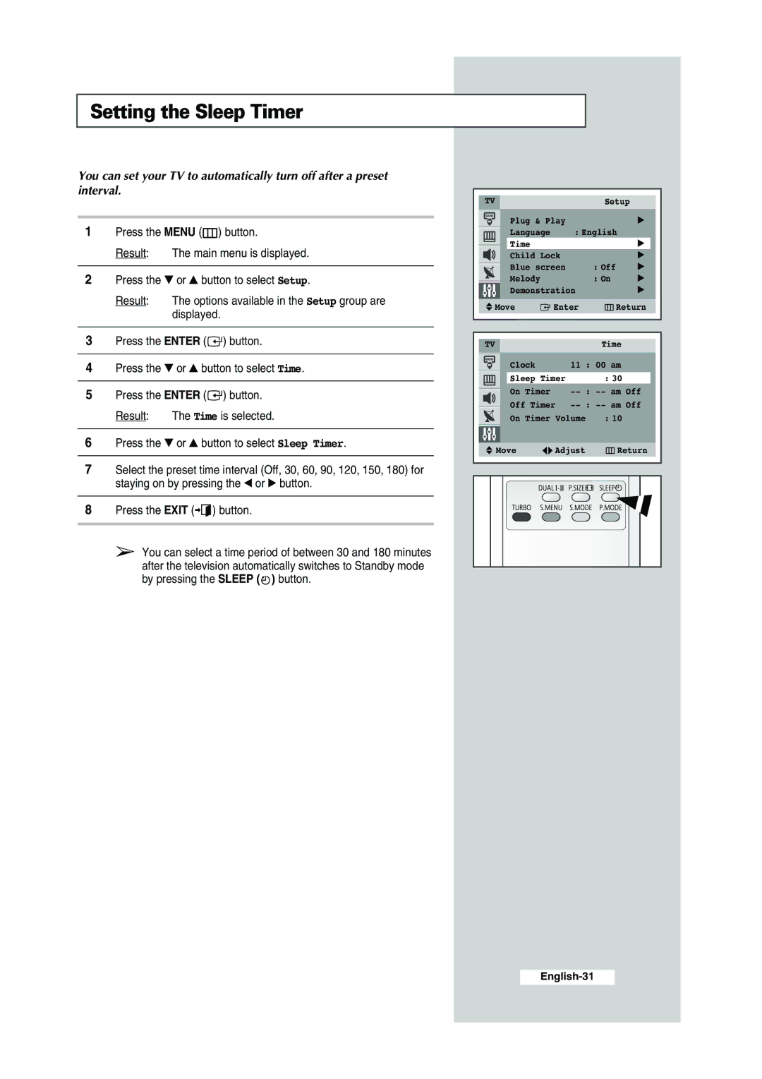 Samsung CS-29K30ML manual Setting the Sleep Timer 