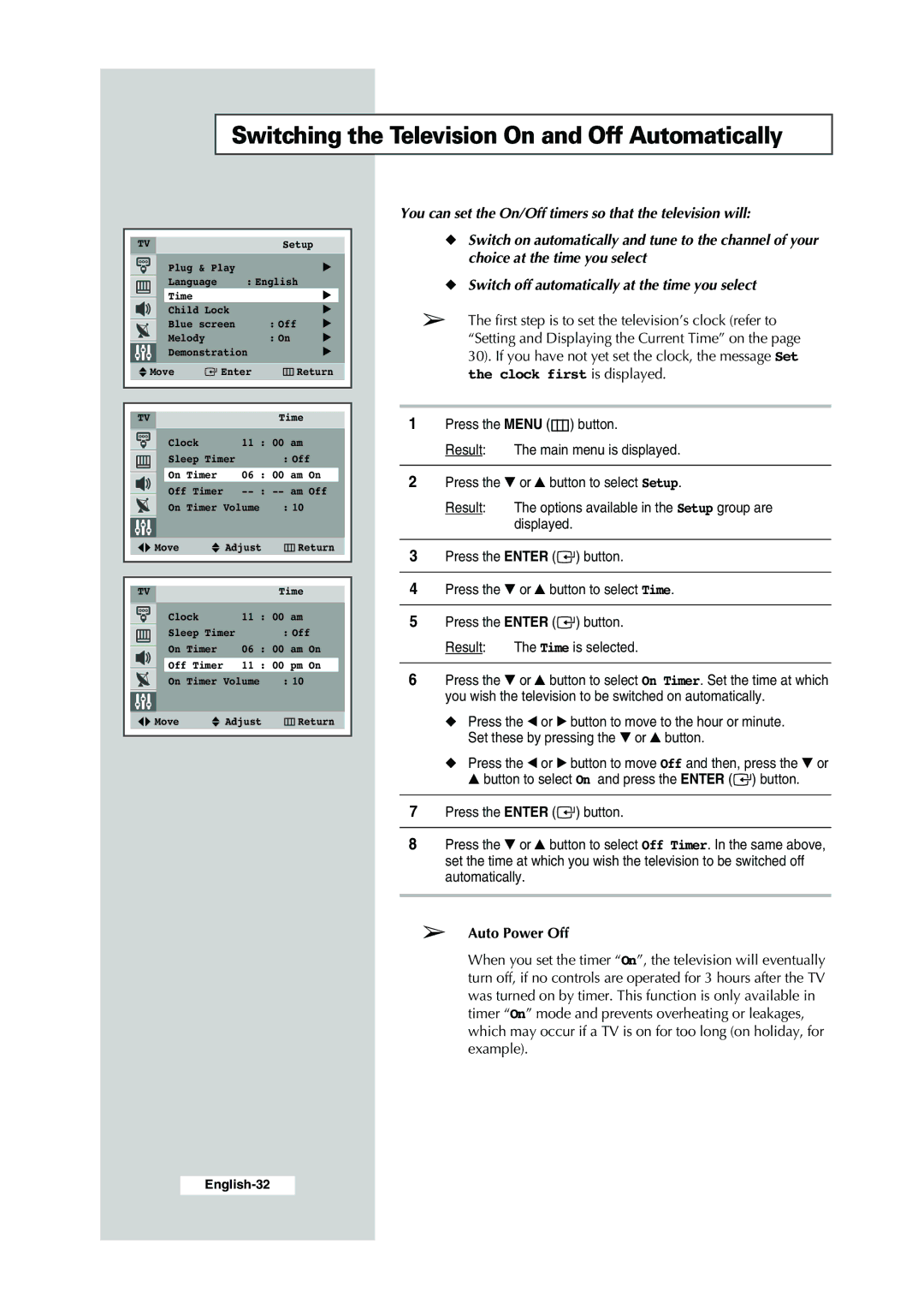 Samsung CS-29K30ML manual Switching the Television On and Off Automatically, Auto Power Off 