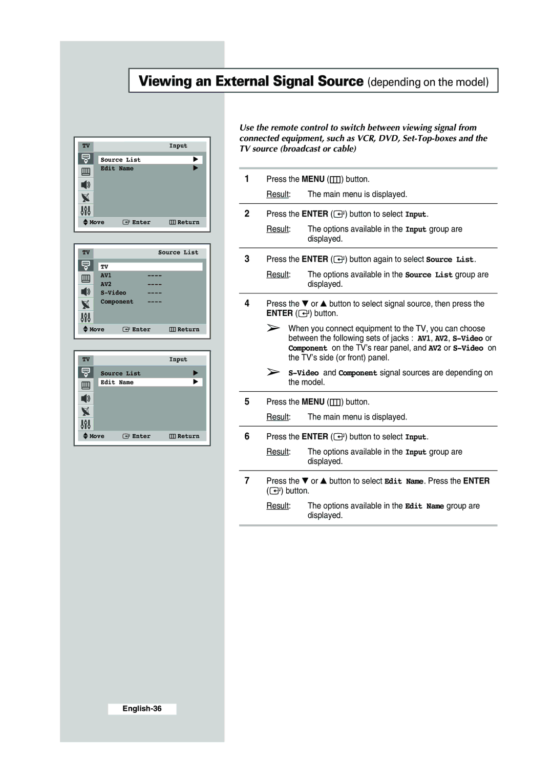 Samsung CS-29K30ML manual Viewing an External Signal Source depending on the model 