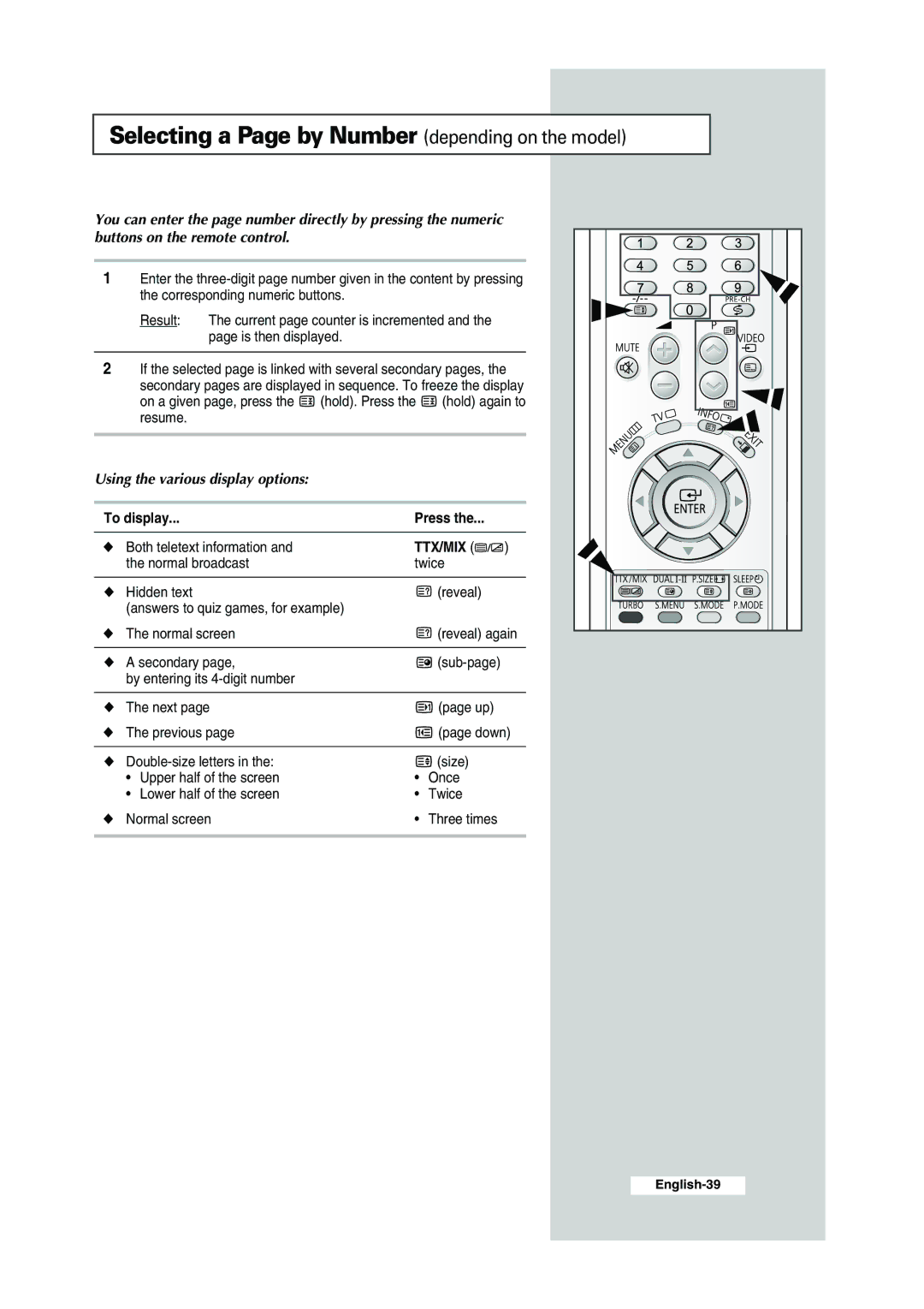 Samsung CS-29K30ML manual Selecting a Page by Number depending on the model, Using the various display options, Secondary 