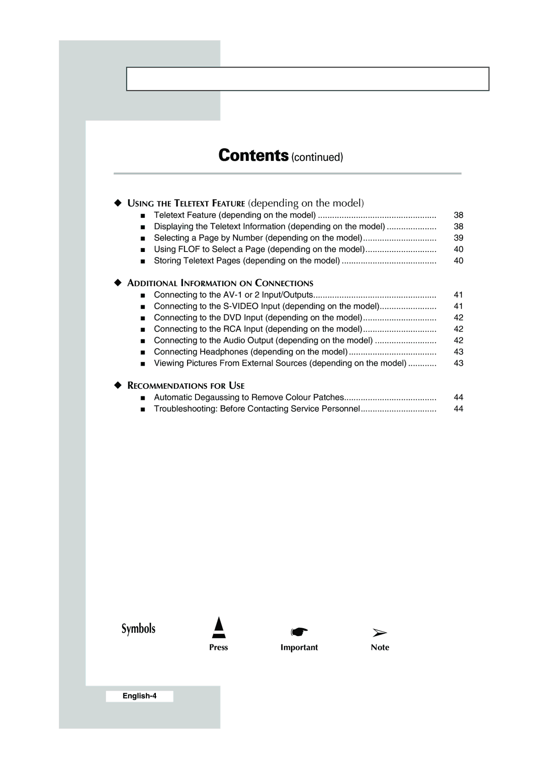 Samsung CS-29K30ML manual Symbols, Contents 