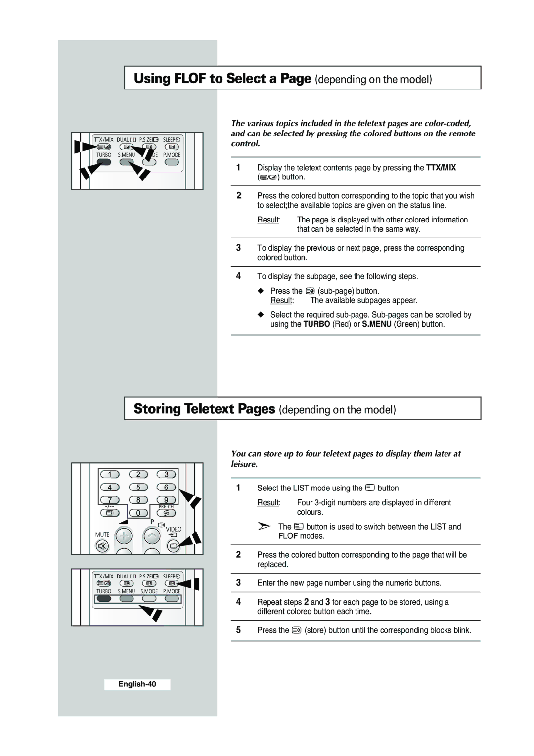 Samsung CS-29K30ML manual Using Flof to Select a Page depending on the model, Storing Teletext Pages depending on the model 