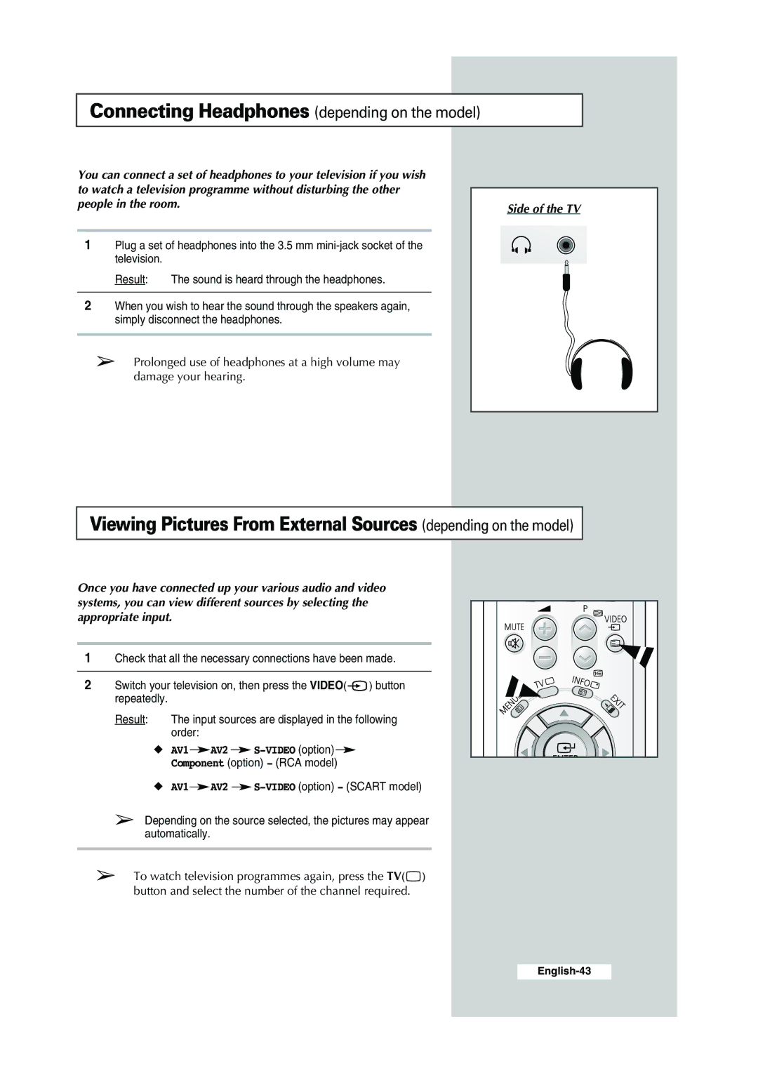 Samsung CS-29K30ML manual Connecting Headphones depending on the model, Side of the TV, Repeatedly Result 