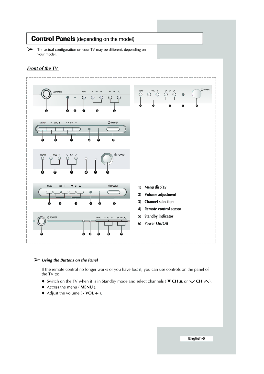 Samsung CS-29K30ML manual Control Panels depending on the model, Using the Buttons on the Panel 