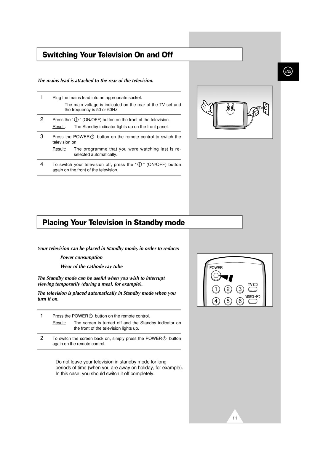 Samsung CS-29V5MH manual Switching Your Television On and Off, Placing Your Television in Standby mode 