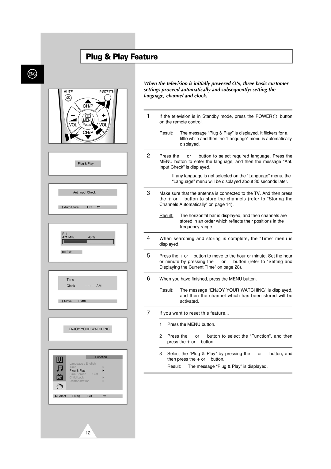 Samsung CS-29V5MH manual Plug & Play Feature, If you want to reset this feature 