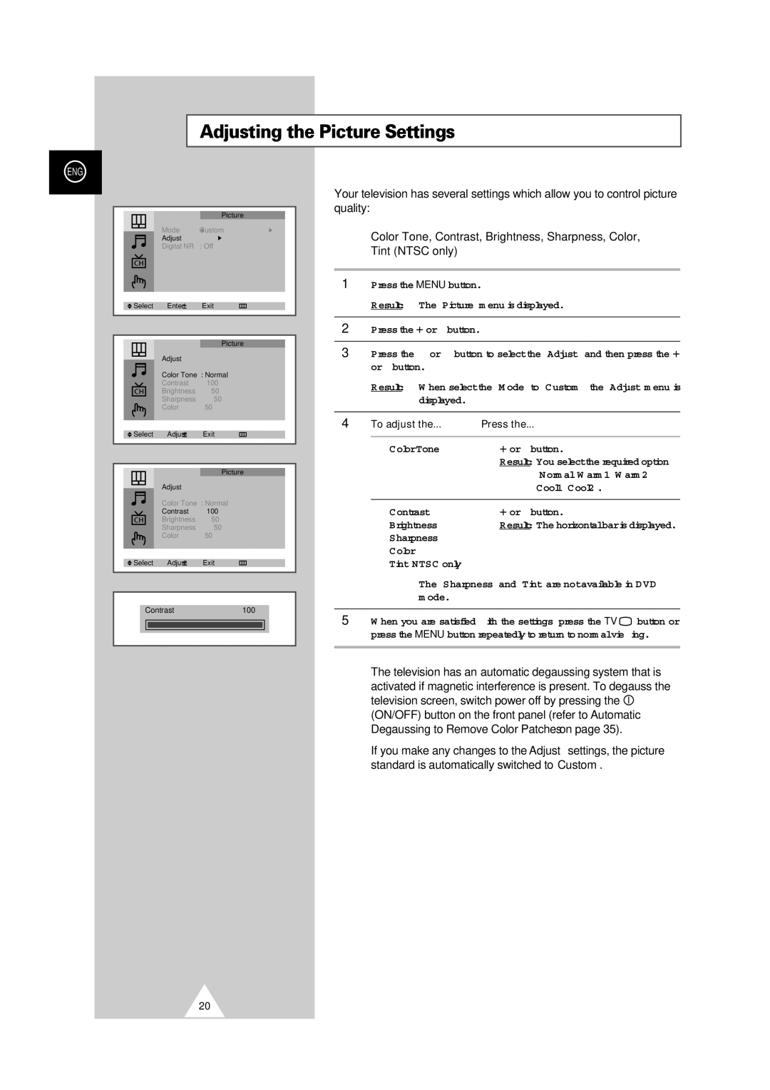 Samsung CS-29V5MH manual Adjusting the Picture Settings, To adjust Press 