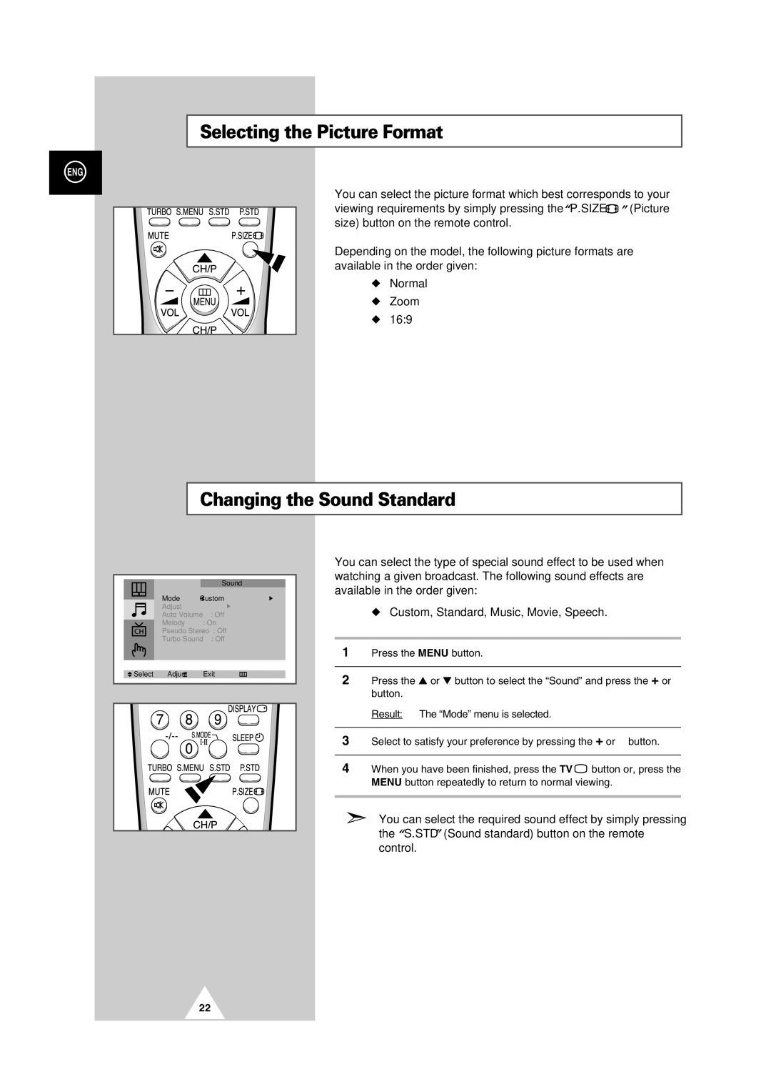 Samsung CS-29V5MH manual Selecting the Picture Format, Changing the Sound Standard 