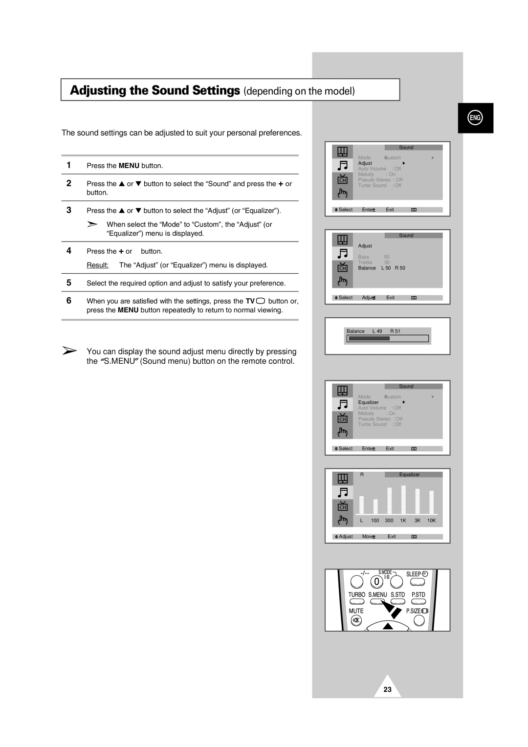 Samsung CS-29V5MH manual Adjusting the Sound Settings depending on the model 