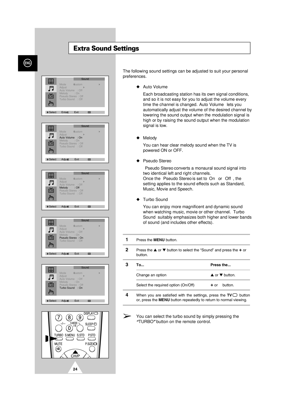 Samsung CS-29V5MH manual Extra Sound Settings, Melody, Pseudo Stereo, Turbo Sound 