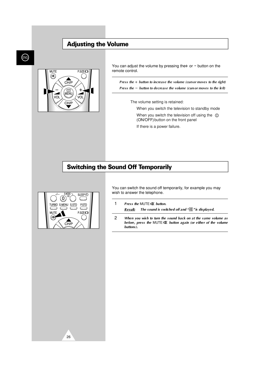 Samsung CS-29V5MH manual Adjusting the Volume, Switching the Sound Off Temporarily 