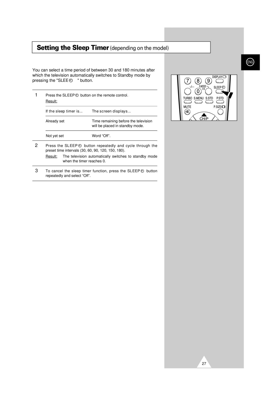 Samsung CS-29V5MH manual Setting the Sleep Timer depending on the model, If the sleep timer is Screen displays 