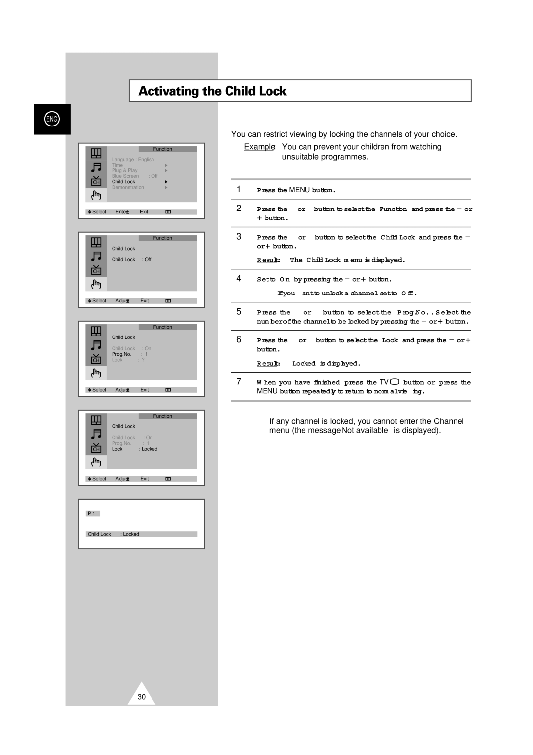 Samsung CS-29V5MH manual Activating the Child Lock 