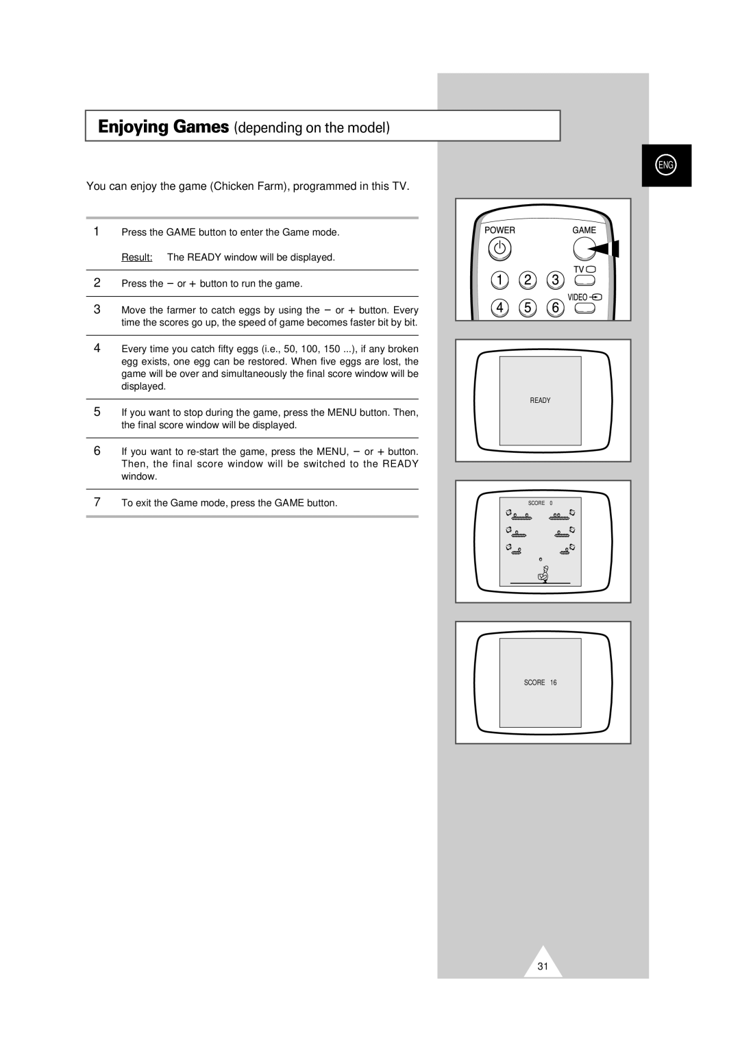 Samsung CS-29V5MH manual Enjoying Games depending on the model, You can enjoy the game Chicken Farm, programmed in this TV 