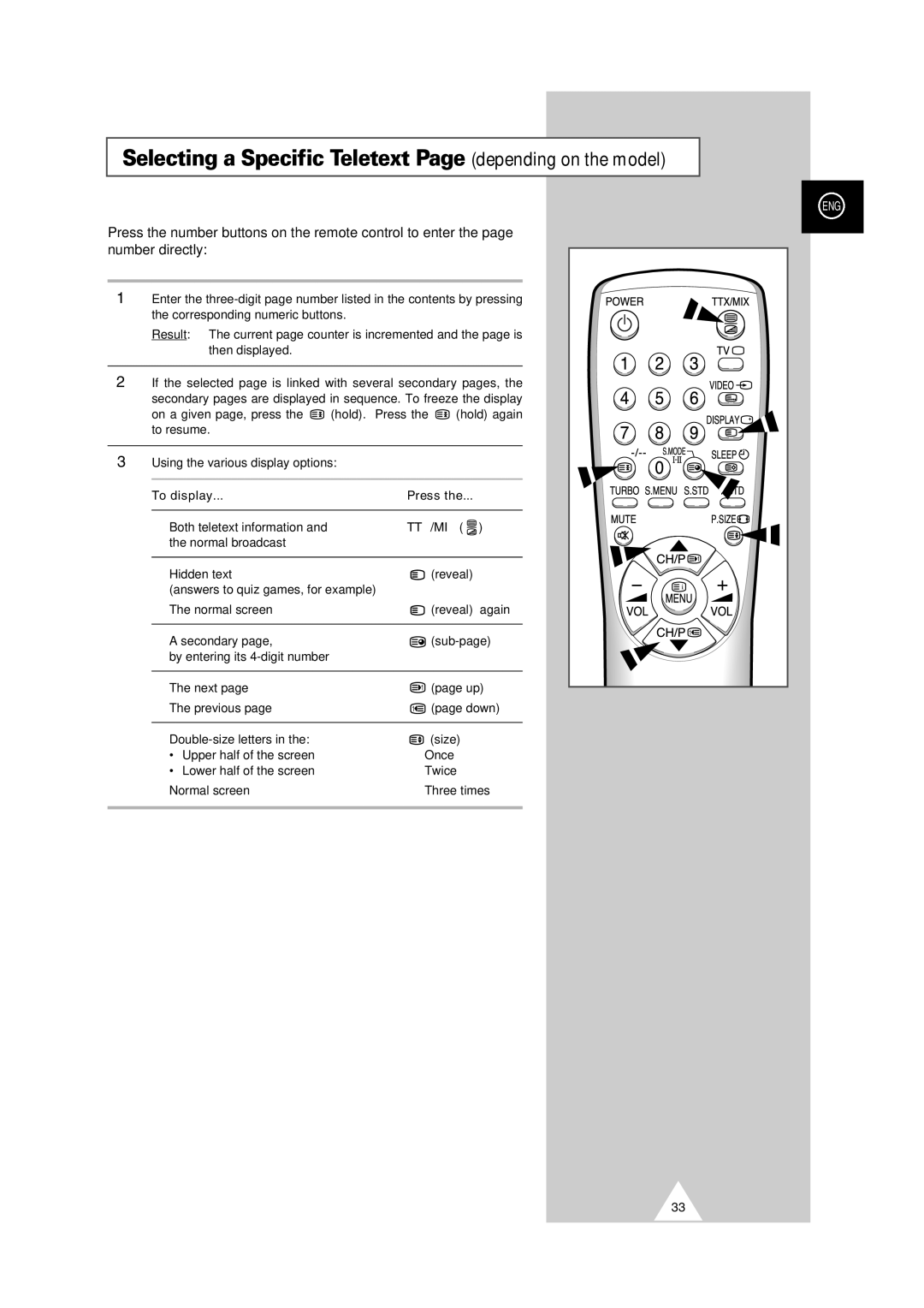 Samsung CS-29V5MH manual Selecting a Specific Teletext Page depending on the model, To display 