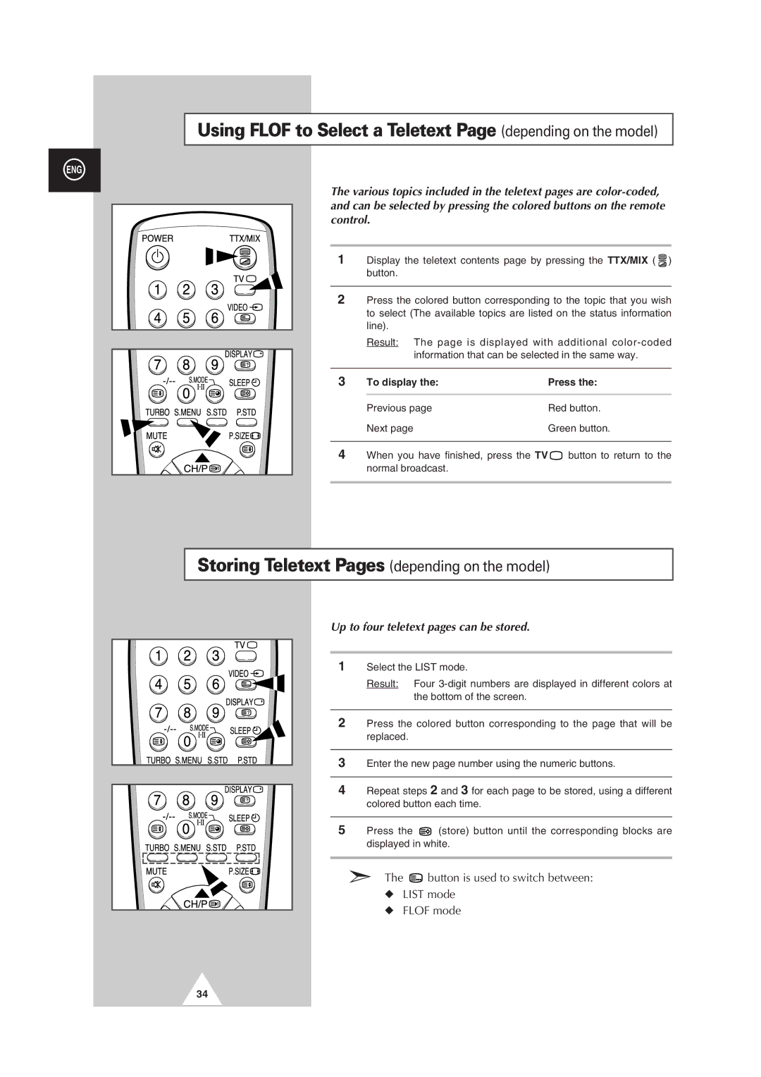 Samsung CS-29V5MH Using Flof to Select a Teletext Page depending on the model, Up to four teletext pages can be stored 