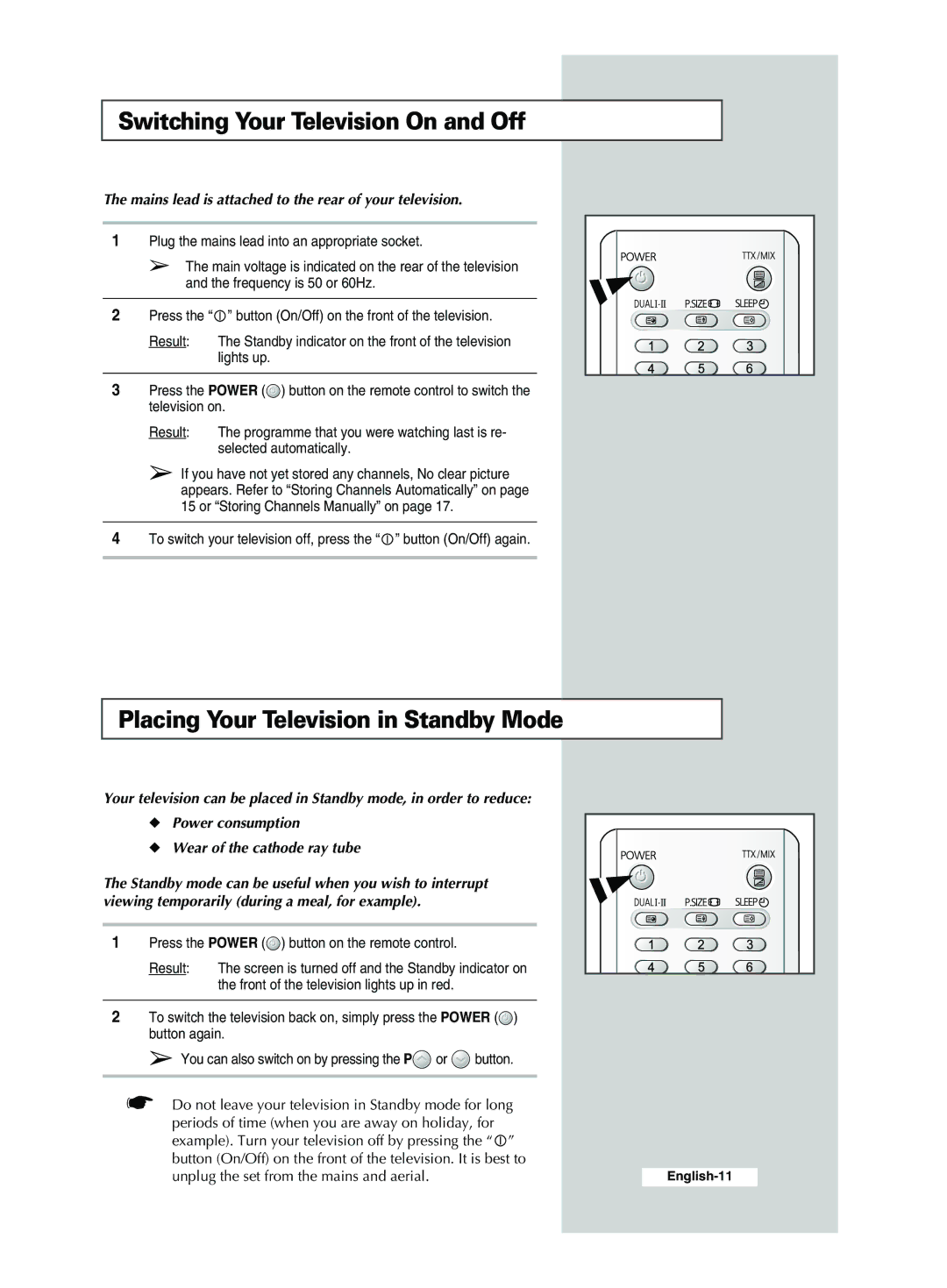 Samsung WS32M21, CS29A7, CS34M21, CS34M30 manual Switching Your Television On and Off, Placing Your Television in Standby Mode 