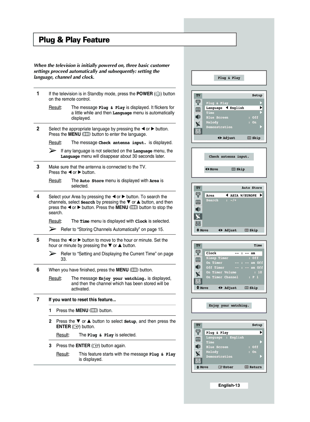 Samsung CS34M21, CS29A7, CS34M30, WS32M30, CS29M30 Plug & Play Feature, Result The message Check antenna input. is displayed 