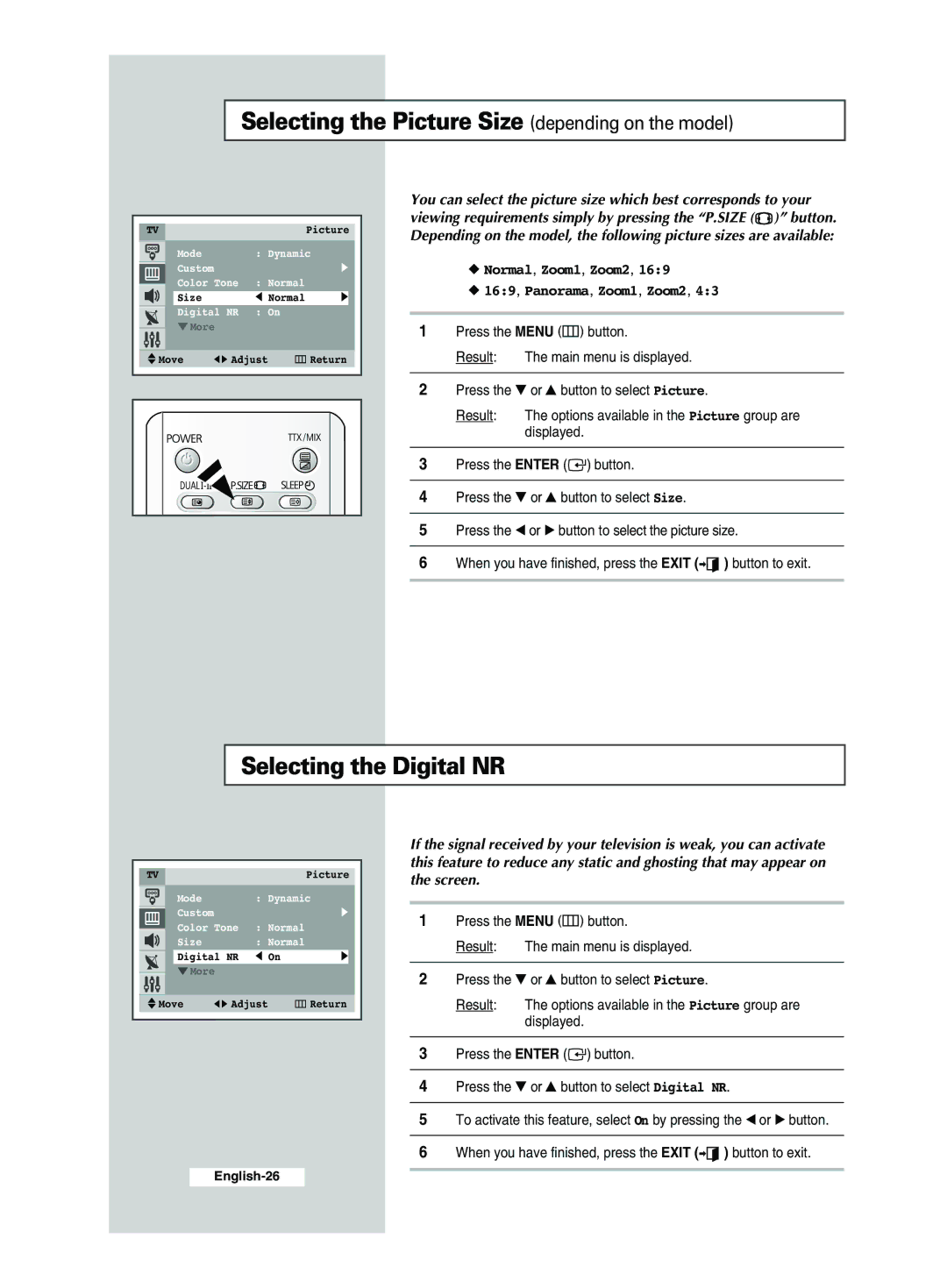 Samsung CS34M30, CS29A7, CS34M21, CS29Z4 Selecting the Picture Size depending on the model, Selecting the Digital NR, Screen 