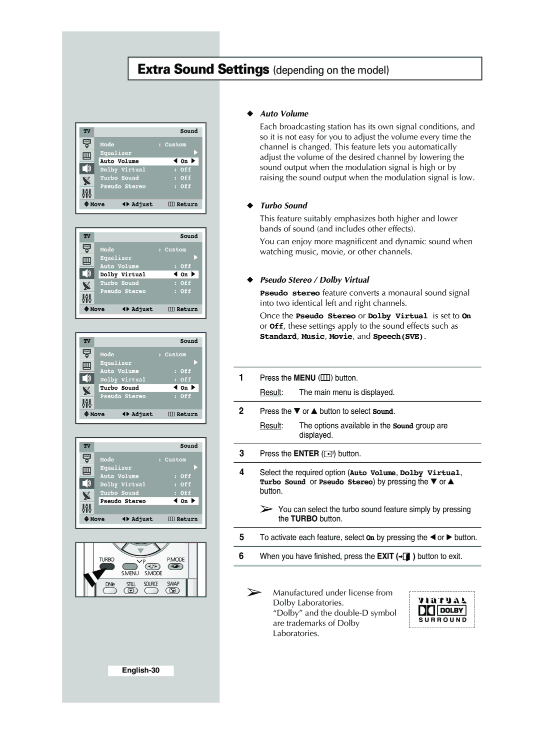 Samsung CS29Z4, CS29A7 manual Auto Volume, Turbo Sound, Pseudo Stereo / Dolby Virtual, Standard, Music, Movie, and SpeechSVE 