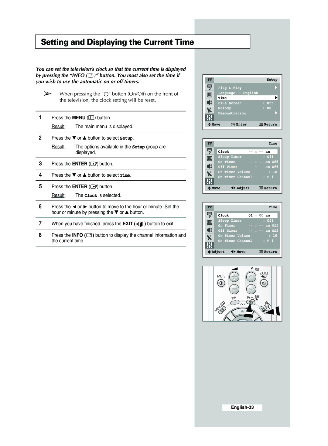 Samsung CS29A6, CS29A7, CS34M21, CS34M30, WS32M30, CS29M30, CS34A11, CS29Z4, CS29M21 manual Setting and Displaying the Current Time 