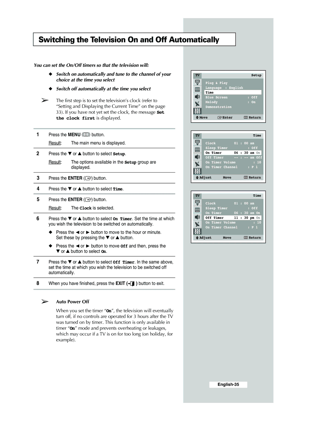 Samsung WS32M21, CS29A7, CS34M21, CS34M30, WS32M30, CS29M30 Switching the Television On and Off Automatically, Auto Power Off 