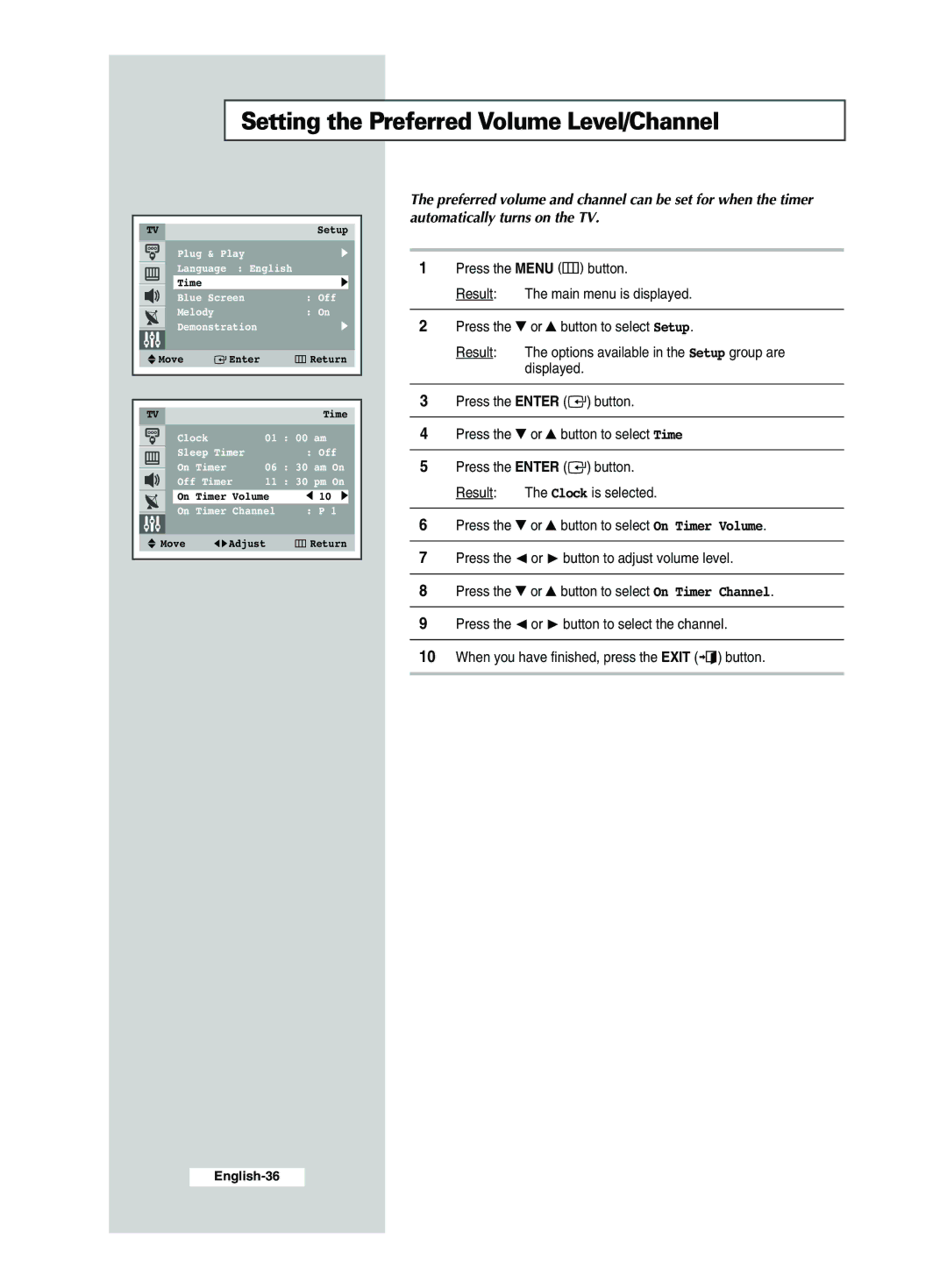 Samsung CS29A7, CS34M21, CS34M30, WS32M30, CS29M30, CS34A11, CS29Z4, CS29M21, CS29M20 Setting the Preferred Volume Level/Channel 