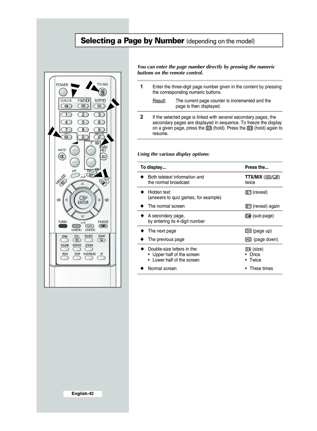 Samsung CS29Z4, CS29A7, CS34M21, CS29A6 Selecting a Page by Number depending on the model, Using the various display options 