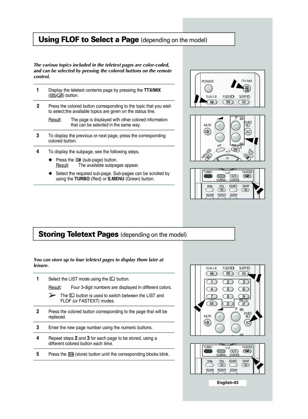 Samsung CS29M21, CS29A7 Using Flof to Select a Page depending on the model, Storing Teletext Pages depending on the model 