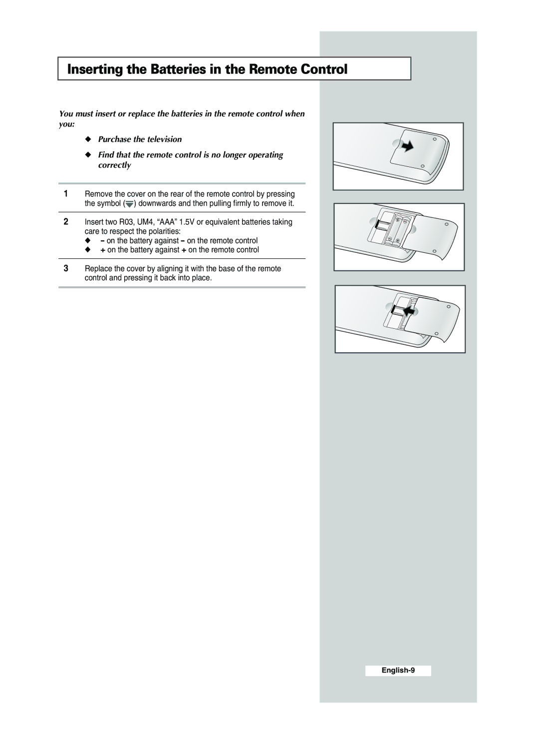 Samsung CS29A6, CS29A7, CS34M21, CS34M30, WS32M30, CS29M30, CS34A11, CS29Z4 manual Inserting the Batteries in the Remote Control 