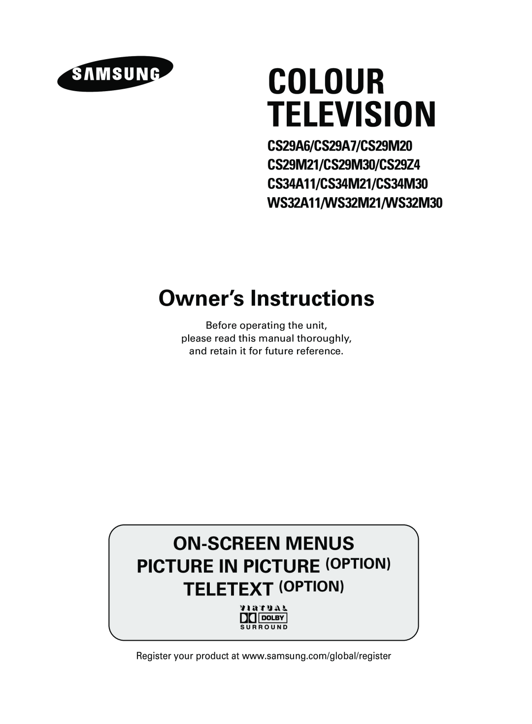Samsung CS34M21 manual Colour Television, Owner’s Instructions, On-Screen Menus Picture In Picture Option Teletext Option 