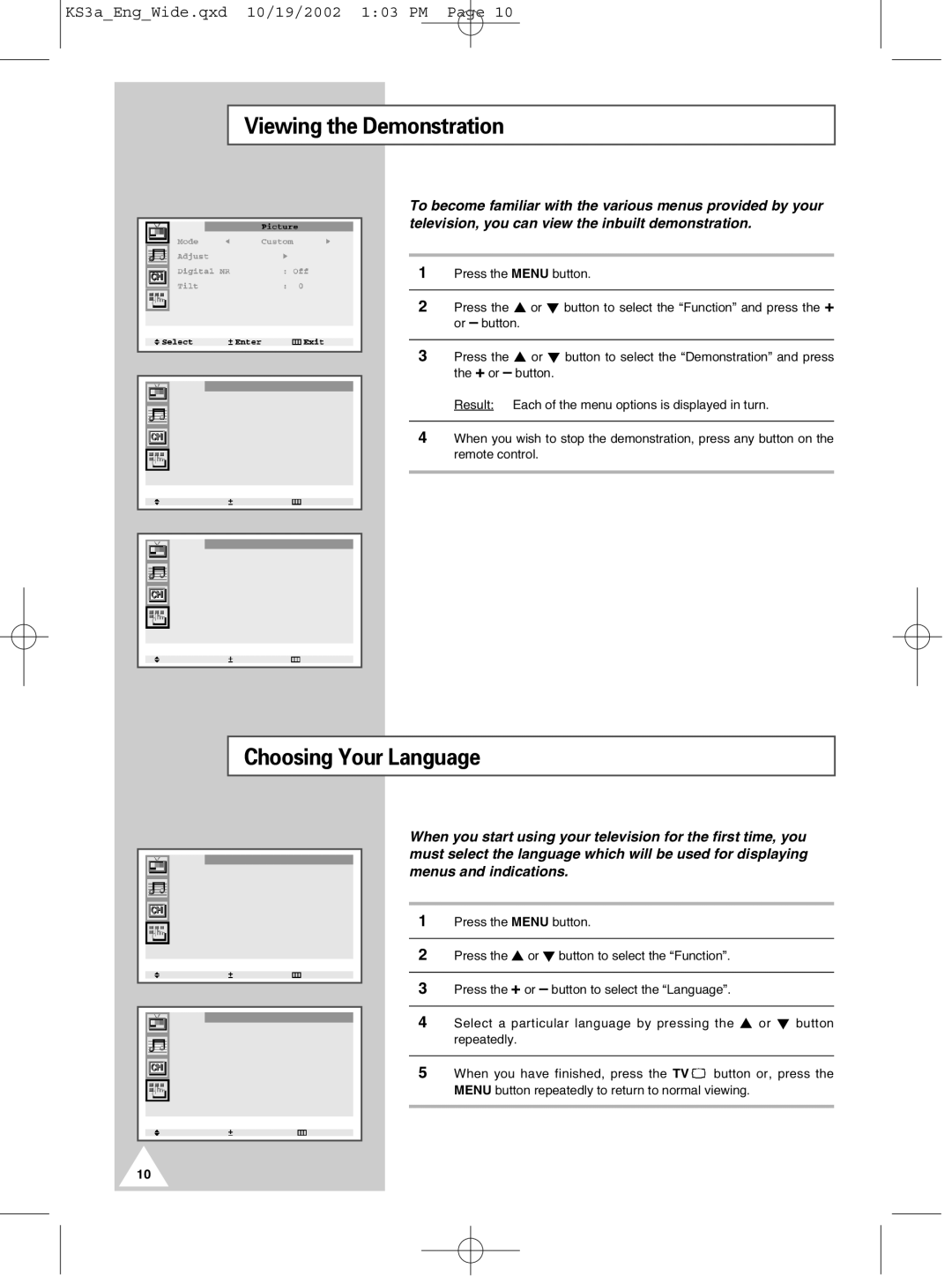 Samsung CS29K10MQ manual Viewing the Demonstration, Choosing Your Language 