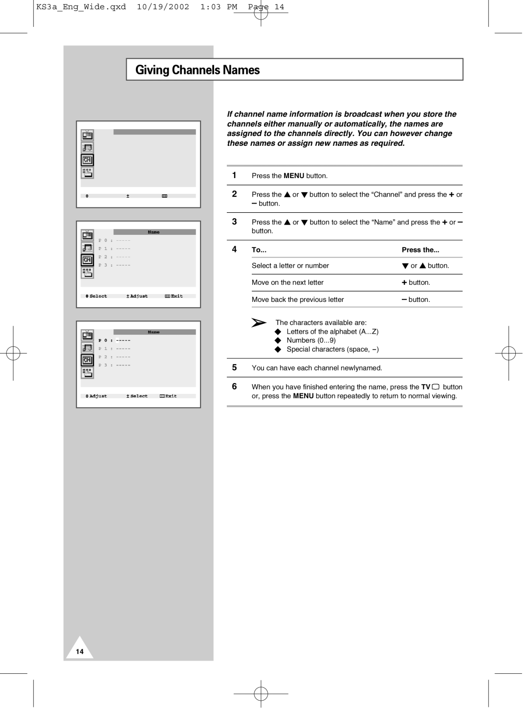 Samsung CS29K10MQ manual Giving Channels Names 