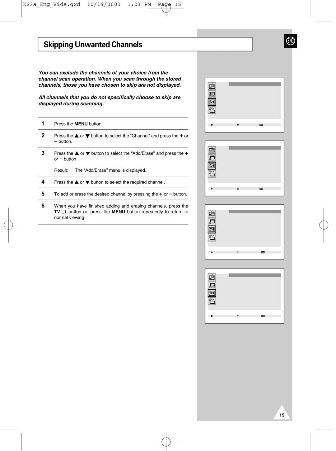 Samsung CS29K10MQ manual Skipping Unwanted Channels 