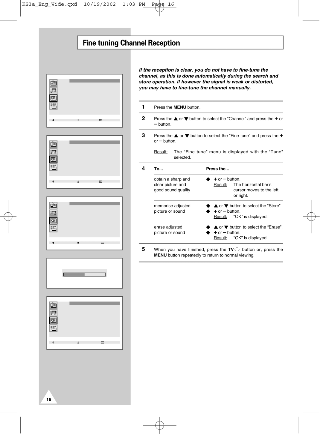 Samsung CS29K10MQ manual Fine tuning Channel Reception 