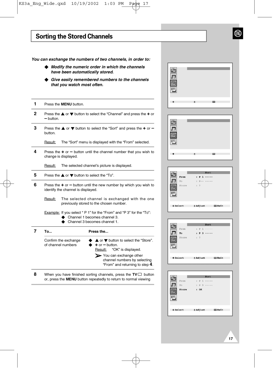 Samsung CS29K10MQ manual Sorting the Stored Channels 