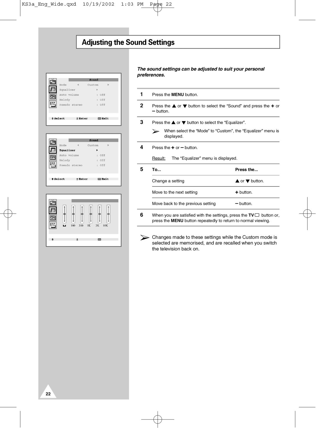 Samsung CS29K10MQ manual Adjusting the Sound Settings 