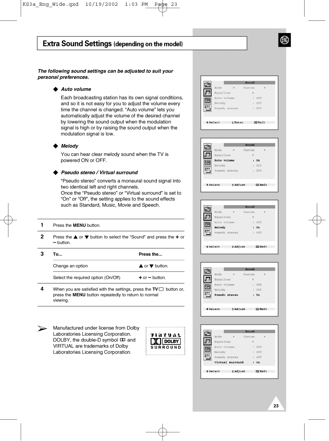 Samsung CS29K10MQ manual Extra Sound Settings depending on the model 