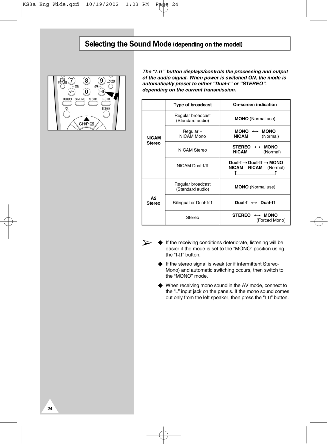 Samsung CS29K10MQ manual Selecting the Sound Mode depending on the model 