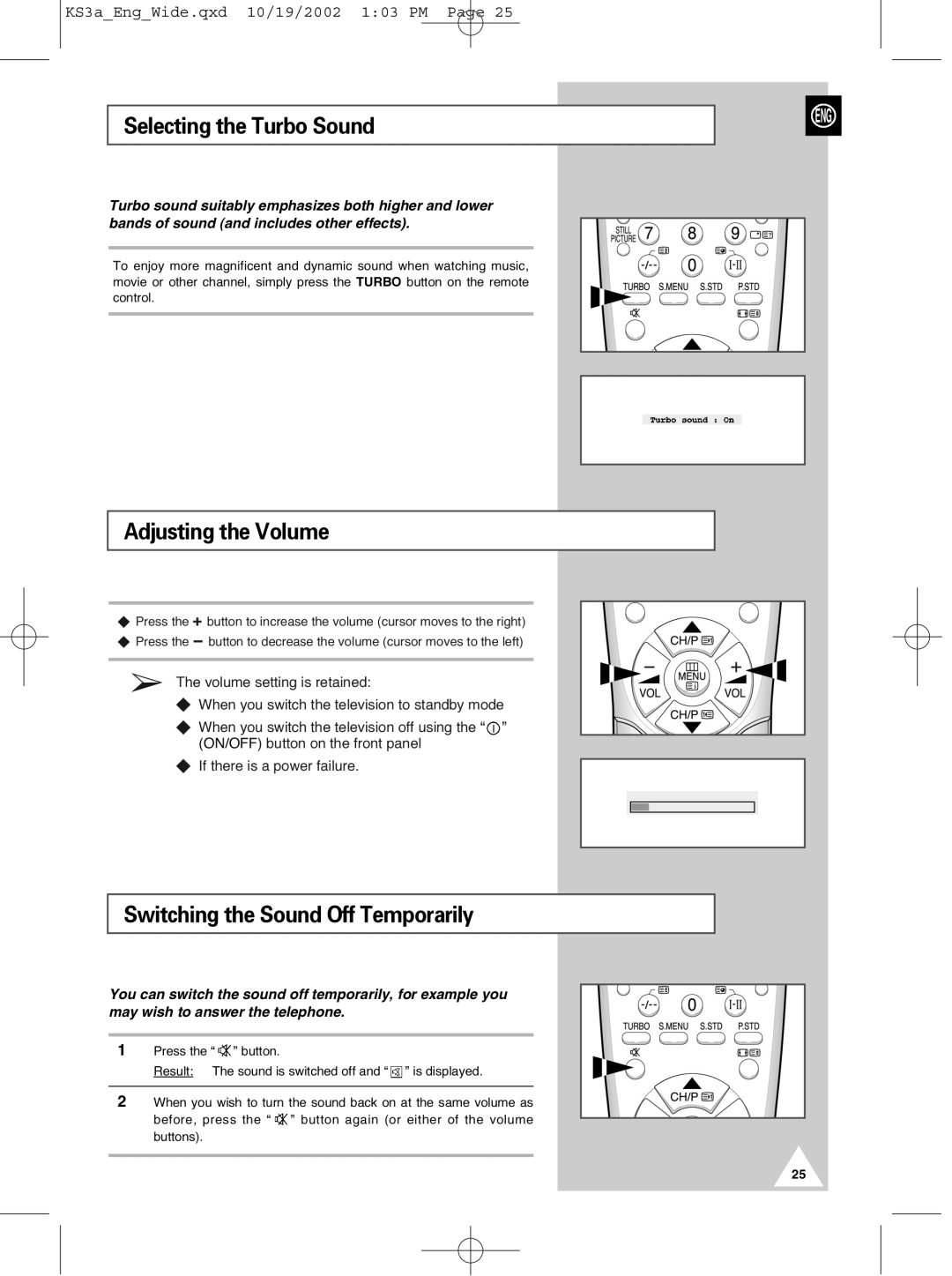 Samsung CS29K10MQ manual Selecting the Turbo Sound, Adjusting the Volume, Switching the Sound Off Temporarily 