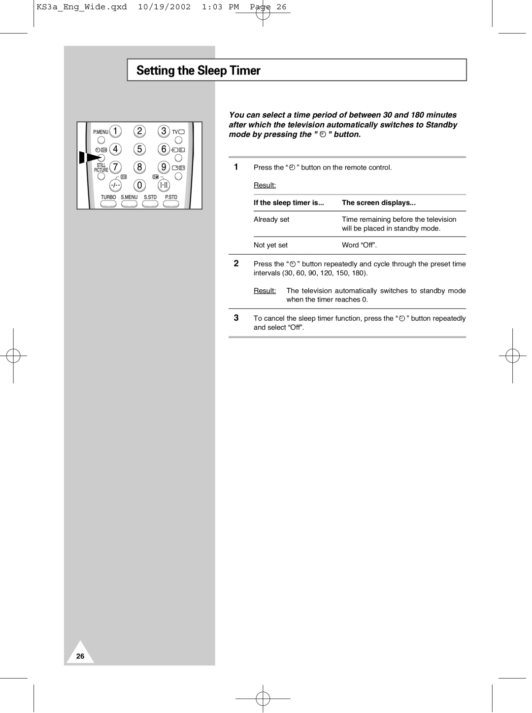 Samsung CS29K10MQ manual Setting the Sleep Timer 